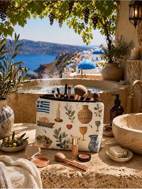 Illustrated Mediterranean Makeup Bag in Cream and Blue